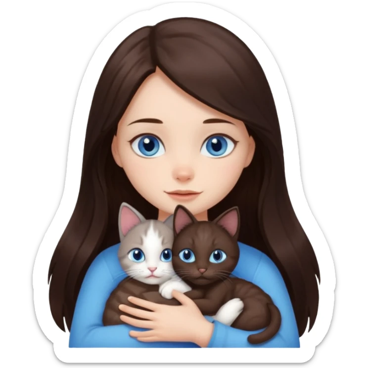 a pretty girl with long dark 
brown hair, with blue eyes, hugs 3 different natural coloured small cats sticker
