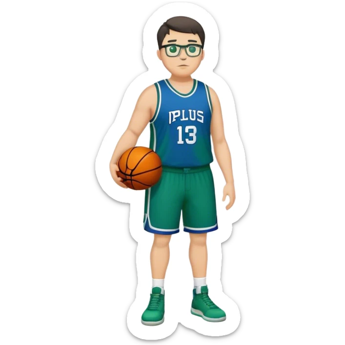 Full Body plus size tall white male with dark short hair basketball player wearing glasses wearing blue  with green uniform sticker
