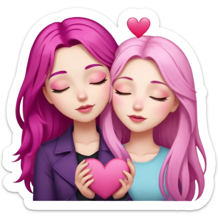 gorgeous pale girl with long magenta pink hair latina makeup next to a gorgeous girl with blonde hair eyes closed and a light pink heart above them sticker