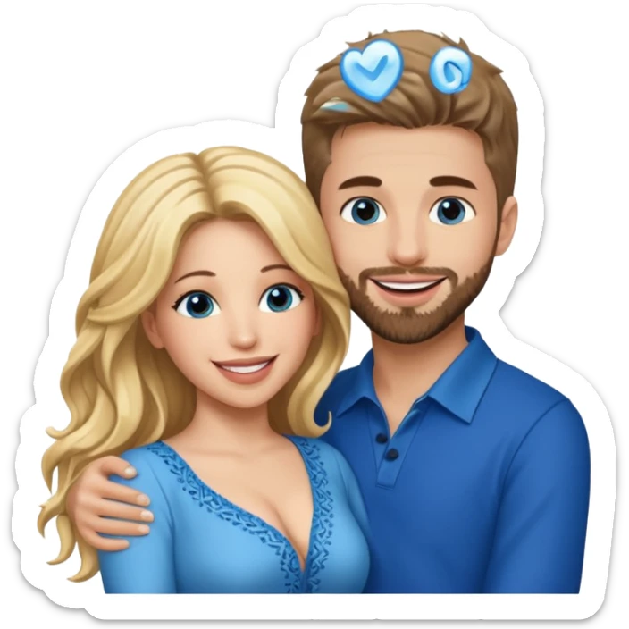 Shakira with blue eyes and her husband  Gerard pique with blue eyes  holding her in his arms. They both laugh at each other. Its beautiful and romantic. Also their outfits are very elegant  sticker