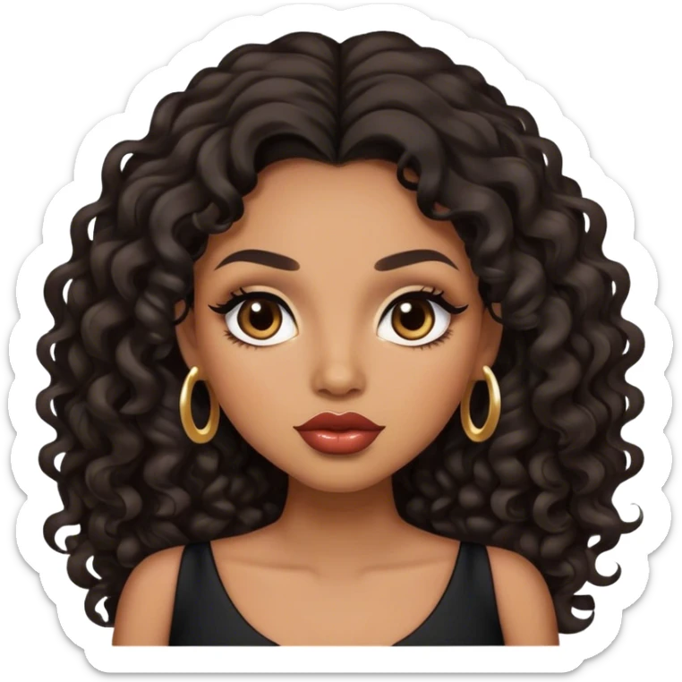 light brown skin tone, very beautiful woman, with big plump lips, long long lashes, black curly long hair, brown eyes, black dress sticker