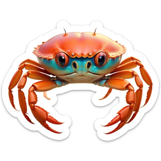 Cinematic Noble Baby Crab Portrait Emoji, Poised and curious, with a small, delicate carapace in vibrant hues, tiny, alert eyes on short stalks, and miniature, intricately detailed pincers, Simplified yet sharp and sophisticated features, highly detailed, glowing with a soft, coastal radiance, high shine, intelligent and determined, stylized with an air of seaside authority, focused and attentive, soft glowing outline, capturing the essence of a watchful and confident juvenile crustacean that appears ready to scuttle out of the screen with effortless charm! sticker