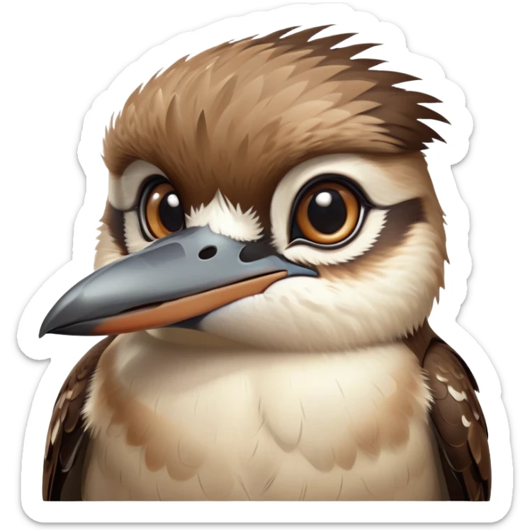 cinematic-cute-kookaburra-portrait-emoji,-head-tilted-playfully-and-inquisitively,-featuring-a-glossy-brown-plumage-with-subtle-cream-accents-and-a-perky,-expressive-beak,-round,-sparkling-large-eyes-filled-with-curious-mirth,-simplified-ye copy 2 sticker
