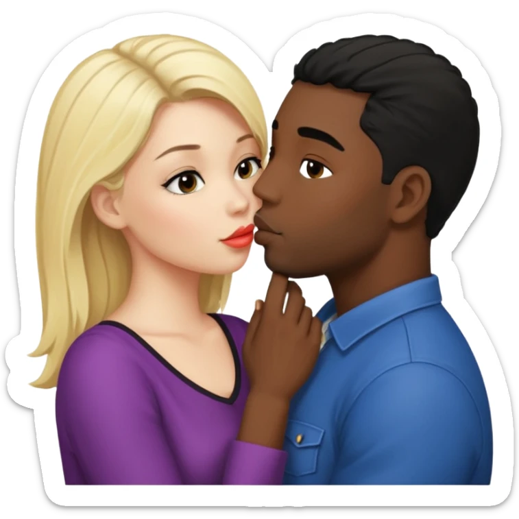 Mulher loira, pele branca, beijando um homem negro, com cabelo preto sticker