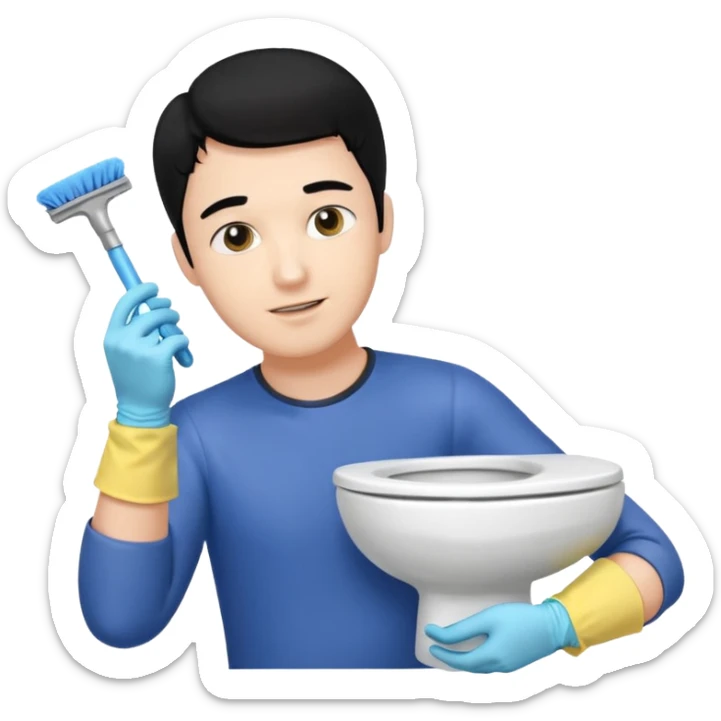 BLACK HAIR LIGHT SKIN MAN cleaning the toilet sticker