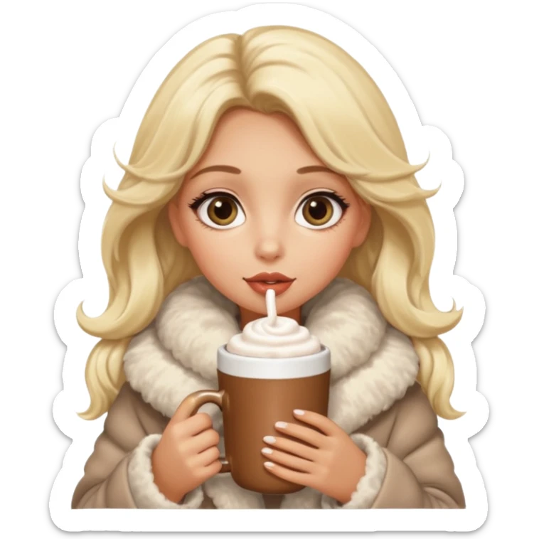 Tanned Girl with lashes , blonde hair, in an extremely big fluffy oversized coat and hold hot chocolate drink and big eyes like dog, big lip sticker