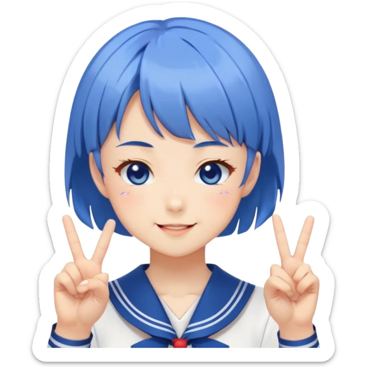 Energetic anime girl with short blue hair wearing Japanese sailor style school uniform, winking and making double peace signs, very cheerful and bubbly, kawaii style sticker