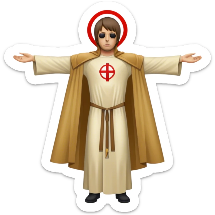 Crucified Liam Gallagher in the style of Jesus full body on cross in mod target on his robes sticker