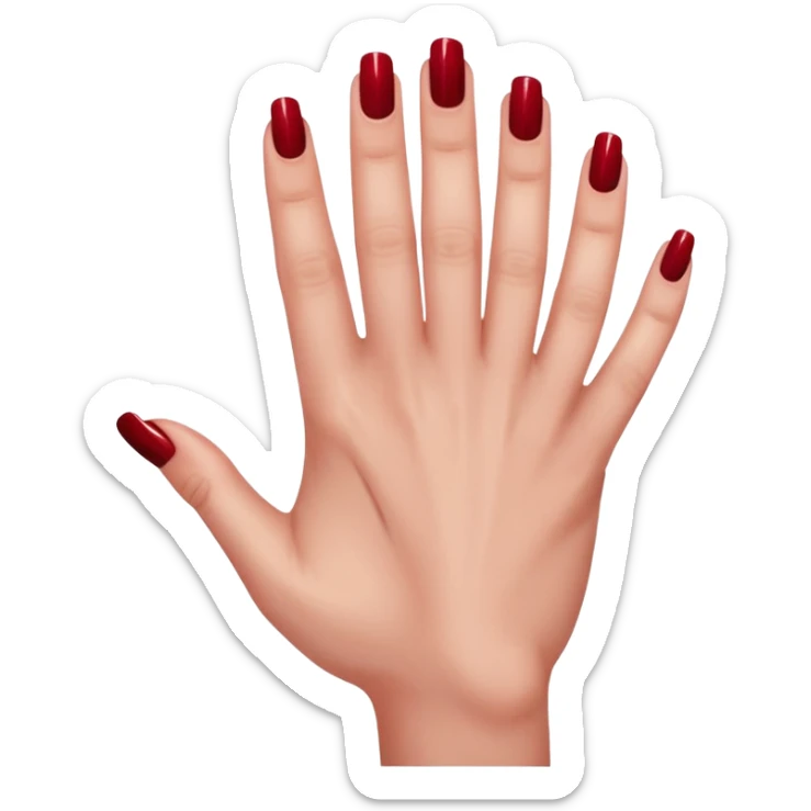 left hand of a woman with all five fingers painted in dark red nail polish, glossy finish, deep saturated red, smooth gradient, minimal details, clean and shiny
 sticker