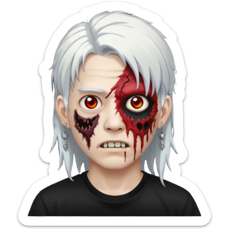 ok make a zombie avatar that has pale skin, young, asian, mullet hair, white hair with earrings wearing just a black T shirt white blood from the eyes sticker