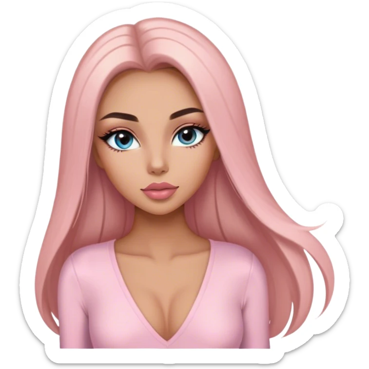 Glamours, tanned, very beautiful girl, with big pump peach-beige-rose lips, long long lashes, black straight smooth silky long hair, straight parting hair, blue-grey eyes in light pink long-sleeves v-neck bodysuit sticker