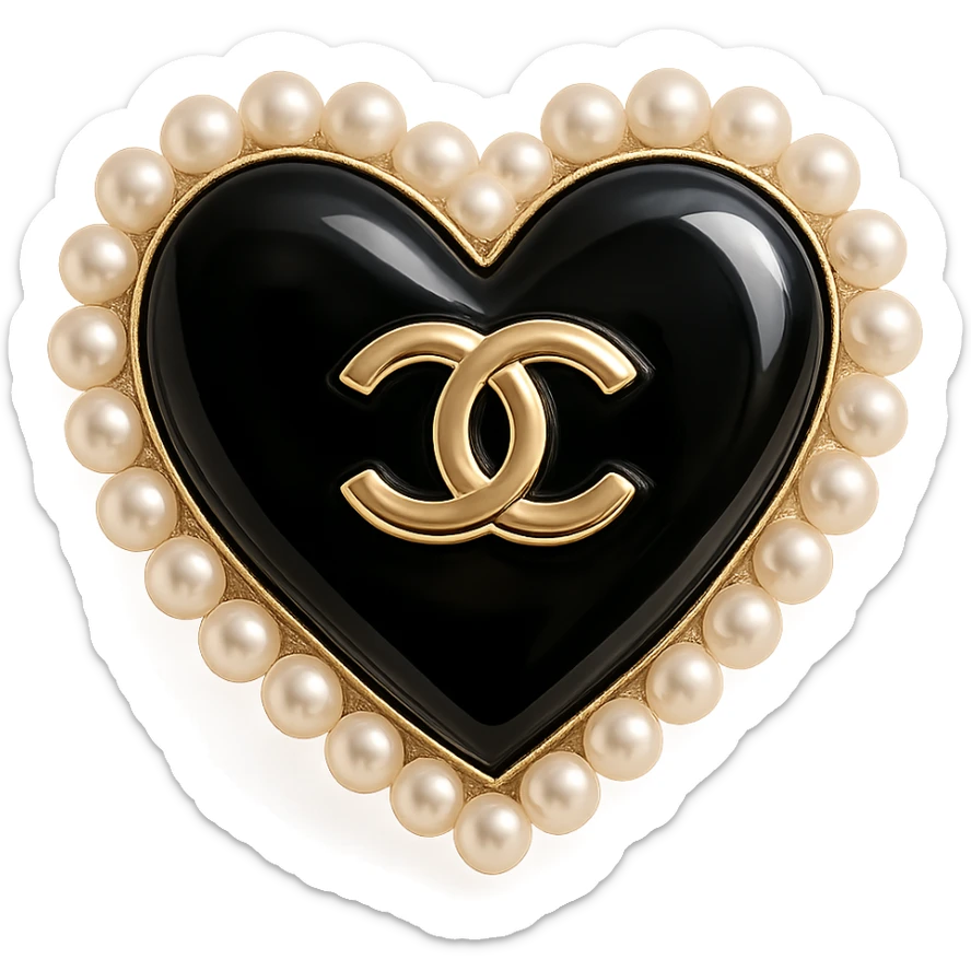 only the elegant heart with pearls and gold Chanel logo, glossy, pastel colors, realistic style, with no background. black pink,  sticker