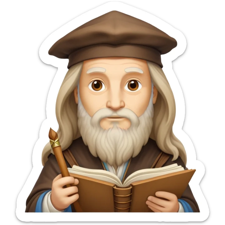 cinematic-realistic-leonardo-da-vinci-portrait-emoji,-depicted-as-the-quintessential-renaissance-polymath-with-deep,-thoughtful-eyes,-a-flowing-beard,-and-a-quill-or-sketchbook-in-hand.-the-scene-is-illuminated-with-warm,-classical-light sticker