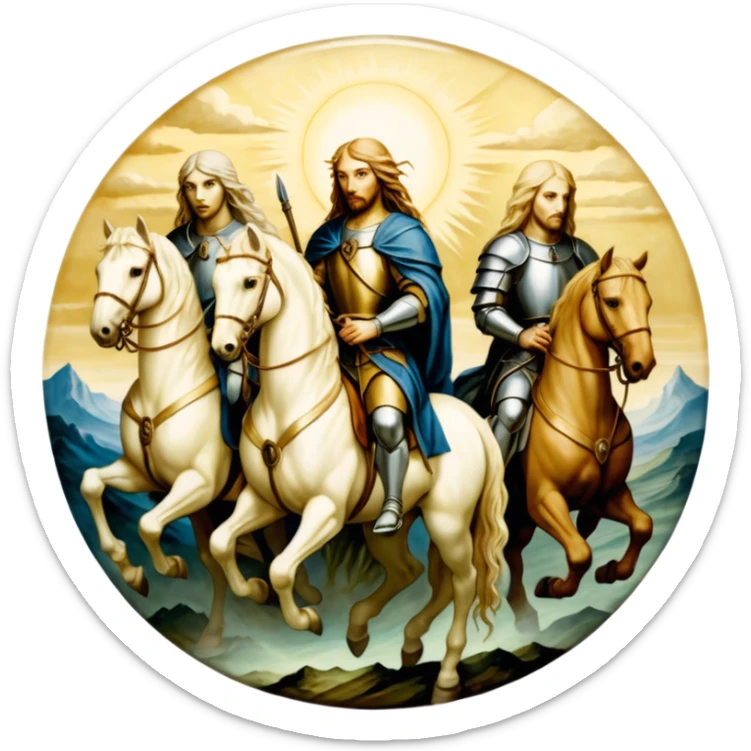 aesthetic shiny glowing divine lighting, oil paint - ivory The Four Horsemen of the Apocalypse, based on a graphic by Albrecht Dürer sticker