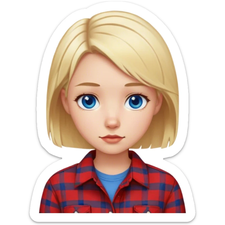 a girl with short blonde hair wearing a red flannel shirt with dark blue eyes  sticker