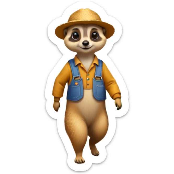 A Meerkat, dressed as a farmer, walking in the field with flowers and bushes surroundings and butterflies flying above  sticker