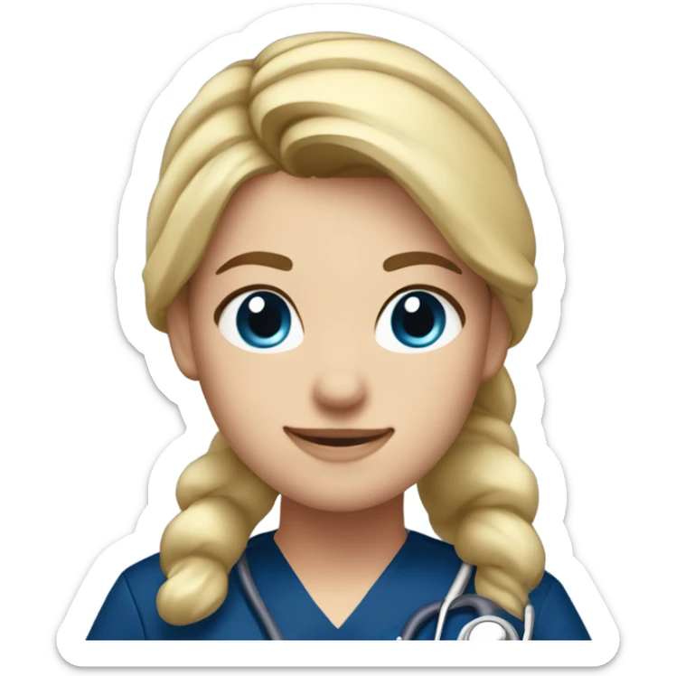 Nurse with blonde hair, ponytail, blue eyes, navy blue scrubs and a stethoscope sticker