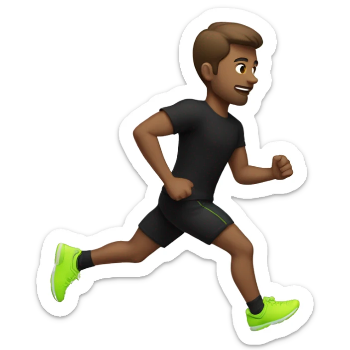 White male brown hair wearing black t shirt and black short with neon green running shoes running sticker