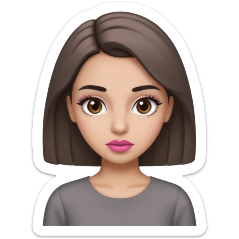 Hidjab girl that is wearing gray dress, and her brow is thick so her eyelash is tall and rumol is pink sticker