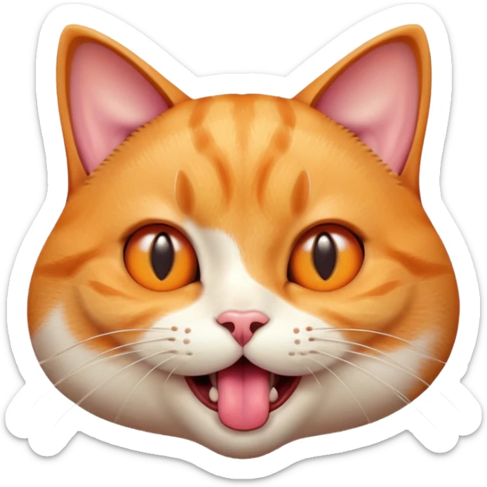 close-up of a cat face with tongue out, eyes wide open looking at food, slight drool, excited and hungry expression, glossy 3D effect, soft lighting, smooth gradients, high detail sticker