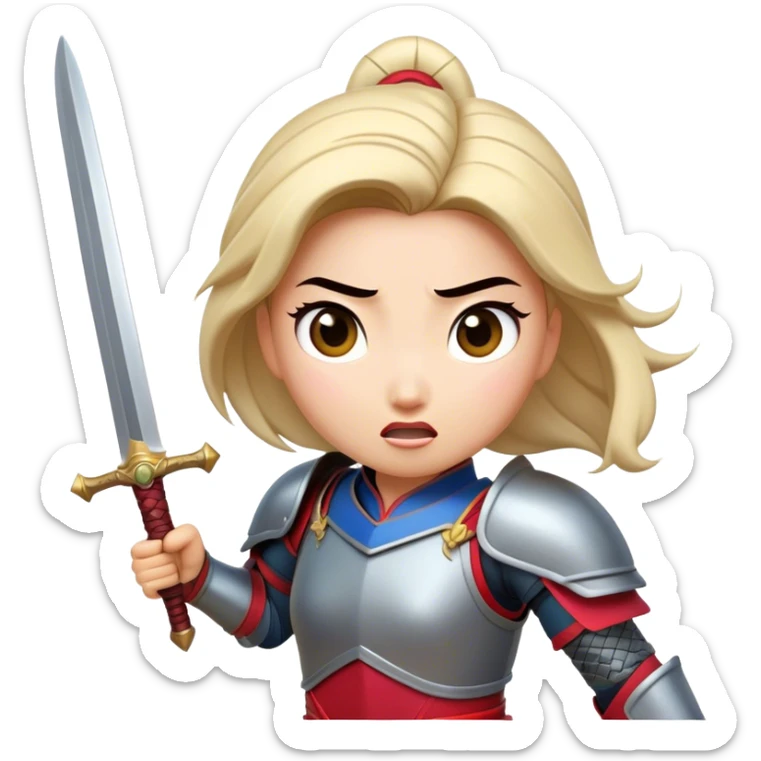 Cinematic Funny Mulan Portrait Emoji, Wearing her training armor too big, looking surprised as a sword nearly topples her over, a mix of warrior determination and hilarious inexperience, a comical yet endearing moment in her transformation! sticker