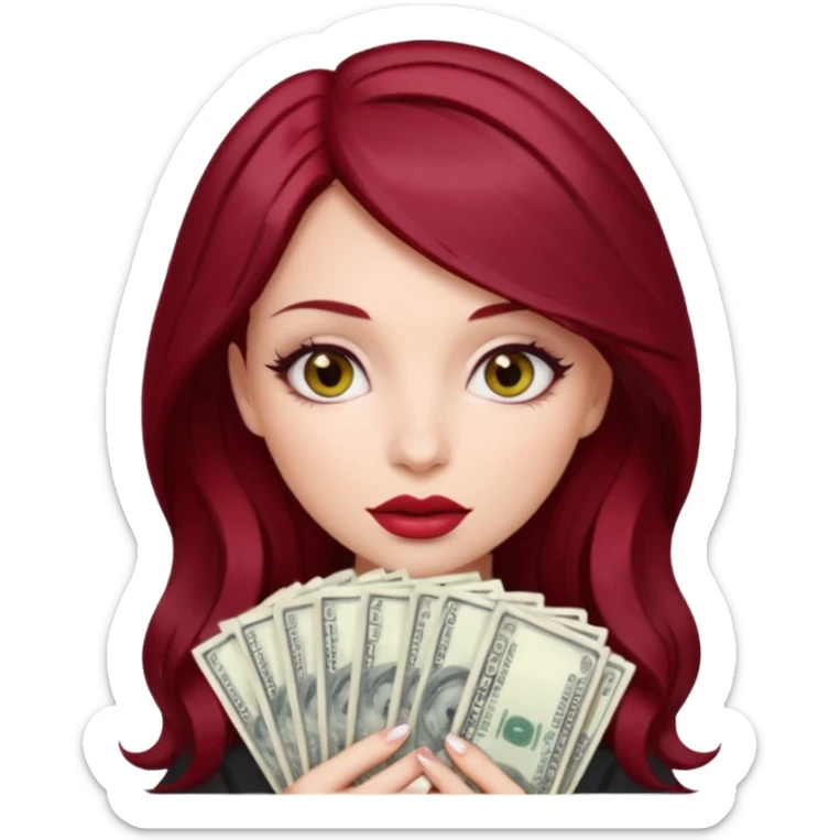 Create a girl with dark cherry red hair with grey eyes and big lips holding a stack of money  sticker
