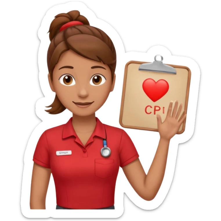 Happy instructor female brown hair whit board hair up red shirt add CPR to white board sticker