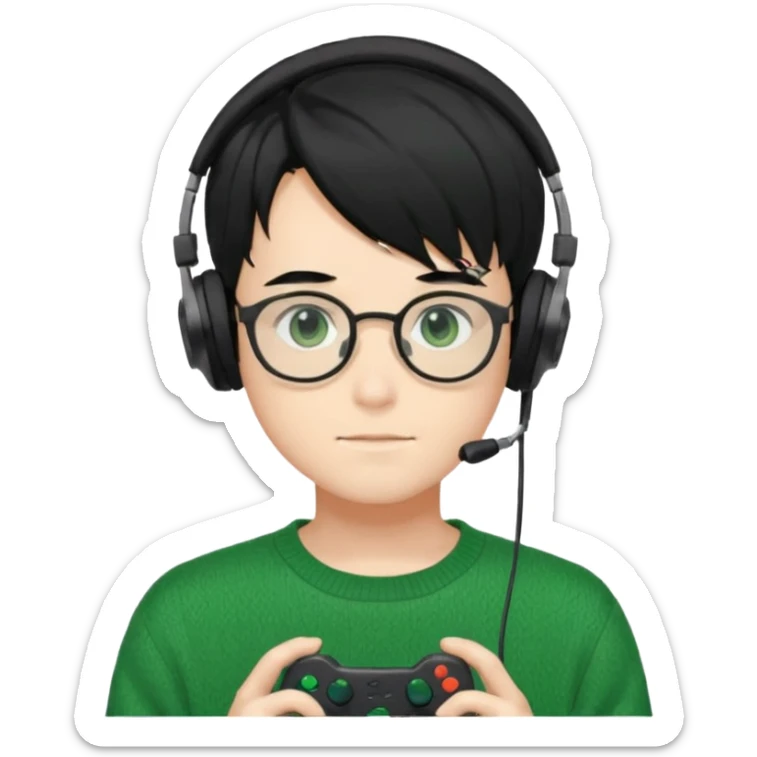 
gamer, Gorgeous green sweater black hair anime style shojo guy glasses, headphone, gamepad sticker