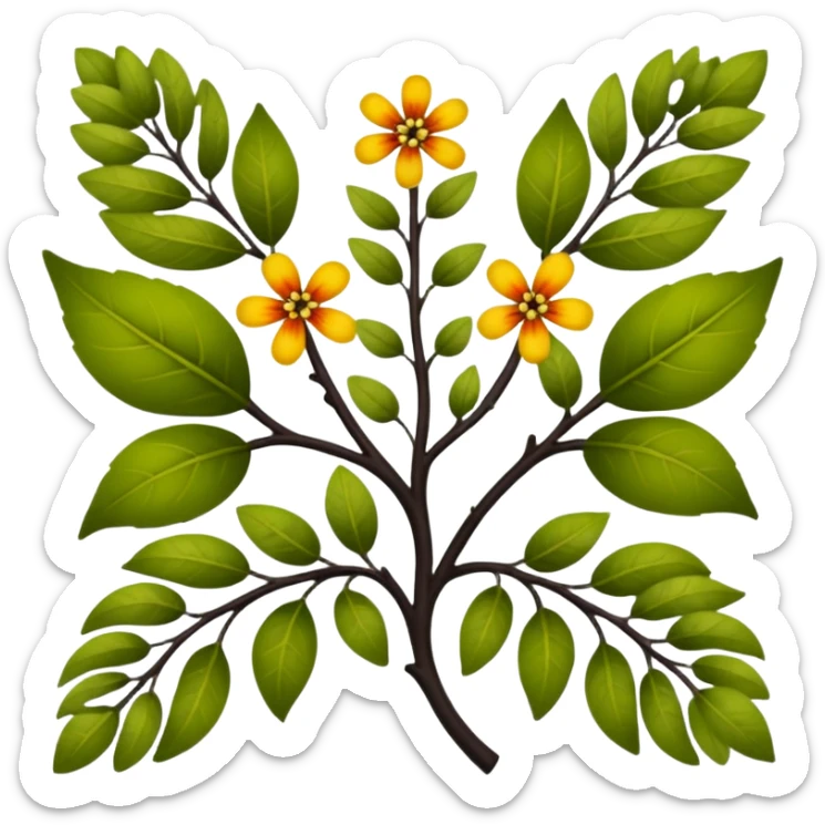 dull green leaves & colorful flowers filigree design & small fruits & ebony branches, extremely detailed, complex design sticker