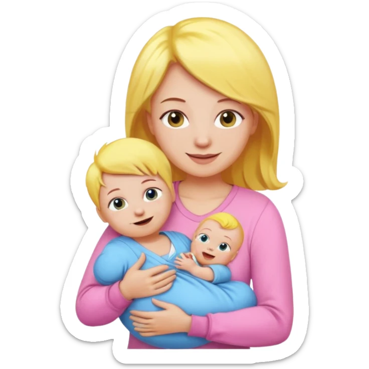 mother with yellow hair and pink dress holding baby in blue onesie, emoji style sticker