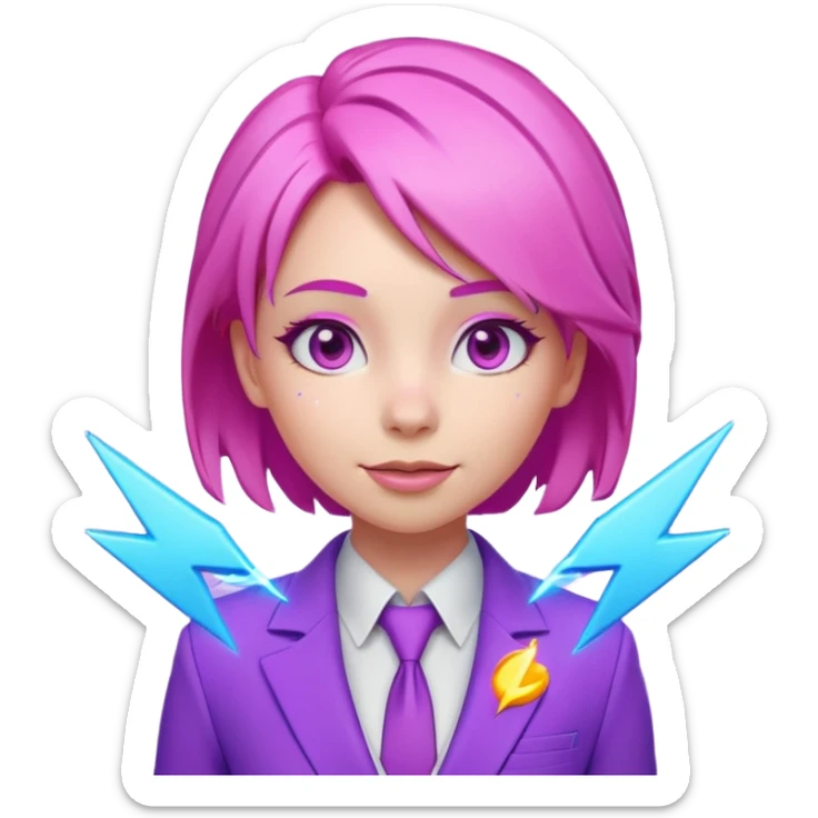 Cute 3D emoji-style girl sexy character with pink hair and purple eyes. No hands, no pose. Clean purple suit with a glowing neon-blue ‘C’ logo on the chest, small lightning accent. Smooth Apple-style lighting, friendly expression sticker