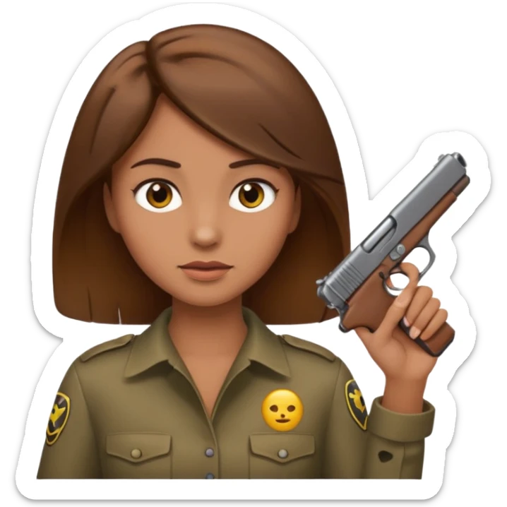 the woman emoji with brown hair and tan skin holding the gun emoji to her head with one hand sticker
