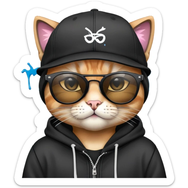 cat wearing a black snapback cap and black hoodie, with black sunglasses positioned low on his nose, looking directly at the viewer over the top of his sunglasses with a cool expression, doing graffiti with spray paint sticker