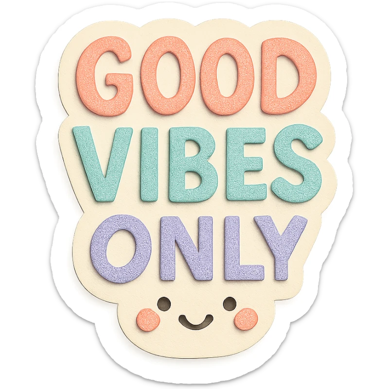 Hand-drawn "Good Vibes Only" in rainbow pastel, kawaii sticker, soft shadow, transparent background sticker