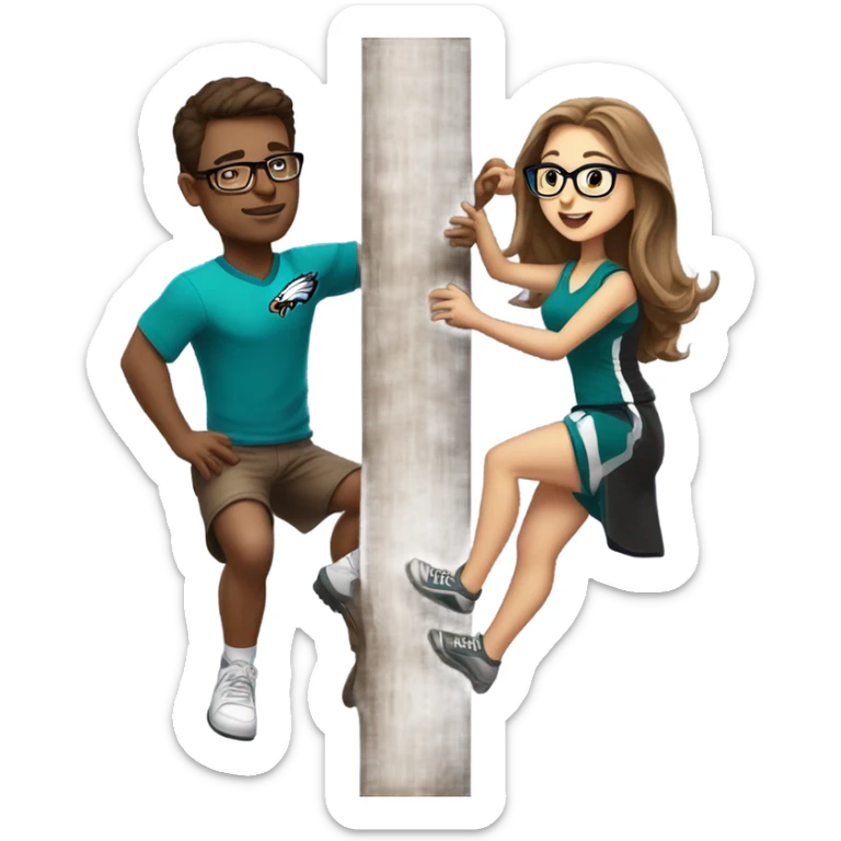 brown hair female with glasses and male with light skin and light brown hair who are both eagles fan climbing up a pole sticker