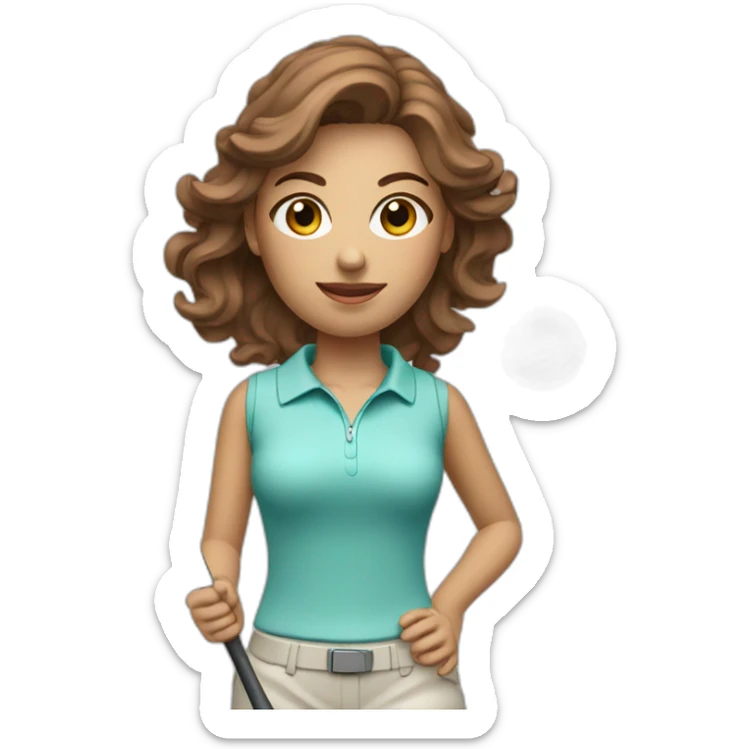female with brown wavy hair dressed in golfwear with golf club and golf ball sticker