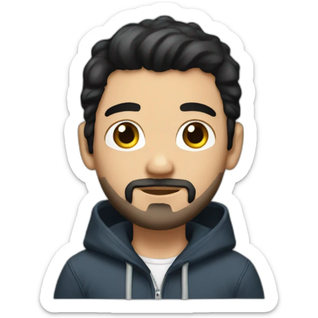 white gay man with black hair and short beard, with short jeans and a hoddie sticker