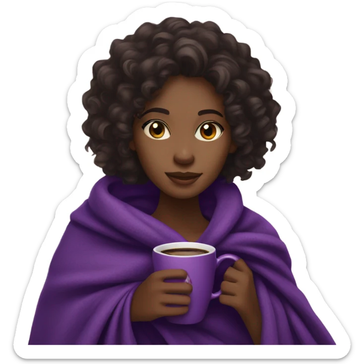 A black woman with dark brown eye and long curly hair  with a purple blanket wrapped over her shoulders, holding a purple mug of coffee sticker