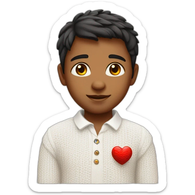 indian boy in a white knitted shirt with a collar with love heart eyes sticker