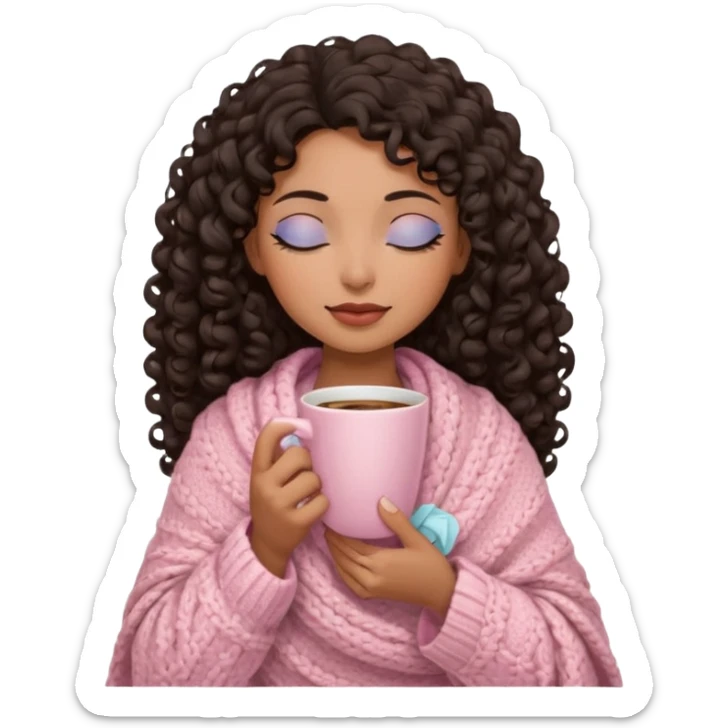 hispanic woman, brown skin, black long 3b curls, closed eyes, feminine face, holding soft pink coffee cup with beige blanket over shoulders sticker