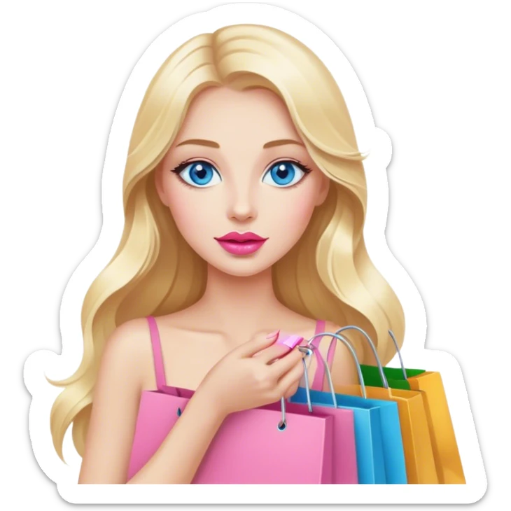 Cinematic realistic blonde with long hair, blue eyes and pink lips holds shopping bags in her hands sticker
