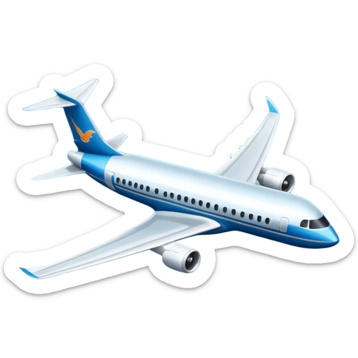 A wide-body aircraft with tall tail fins and glowing cabin windows cruising at high altitude.
 sticker