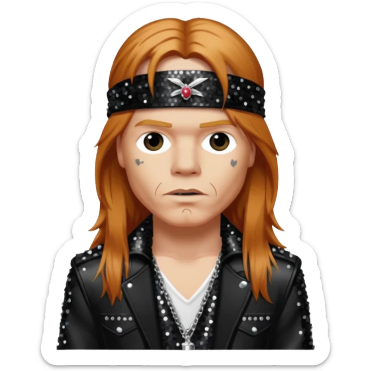 Axl Rose from Gun n Roses with long reddish blonde hair, black sequin outfit sticker