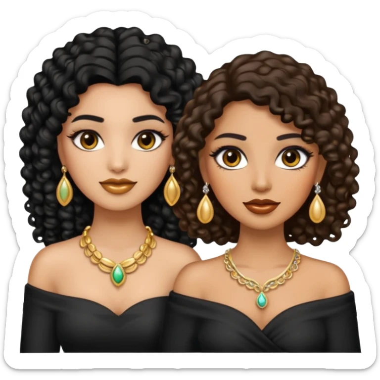 An emoji with two women, one woman with caramel skin color, black curly hair long. The other one is fair skin with brown straight hair and they're wearing jewelry and makeup. sticker