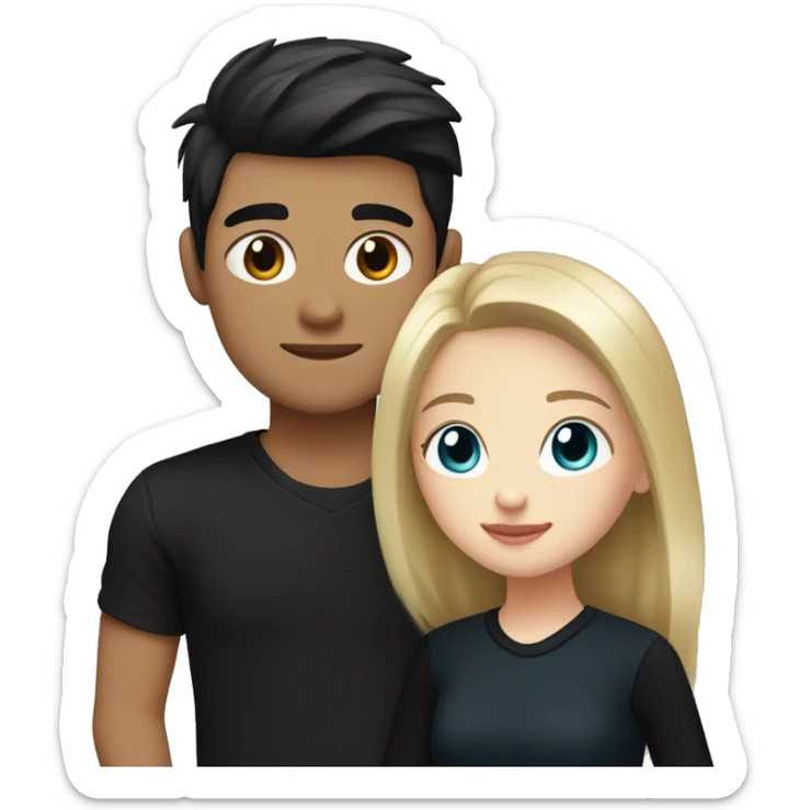 dark Blonde girl with blue eyes in black sweater and an east asian with light skin man with black hair and black eyes hugging sticker