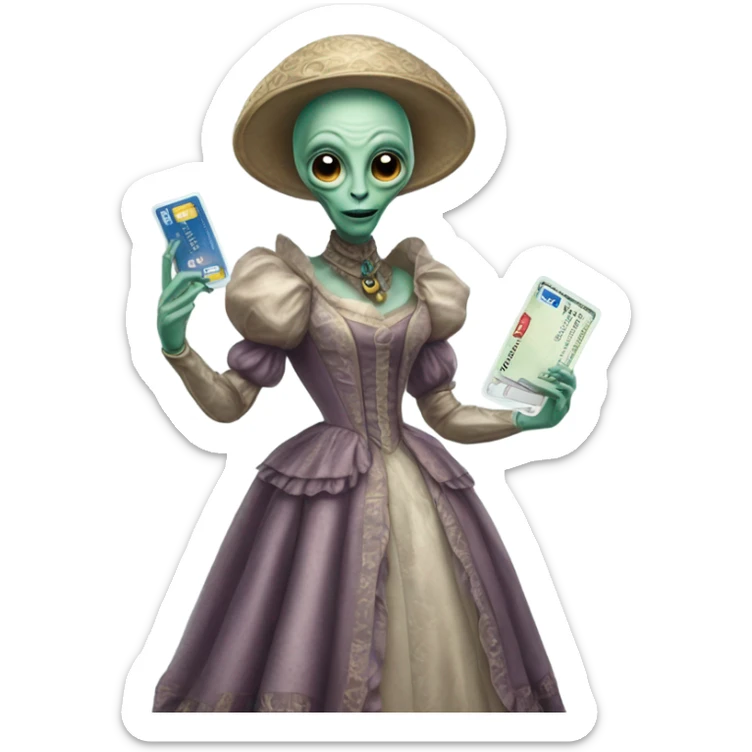 alien galora in Victorian dress elegant, full body, holding big credit card sticker
