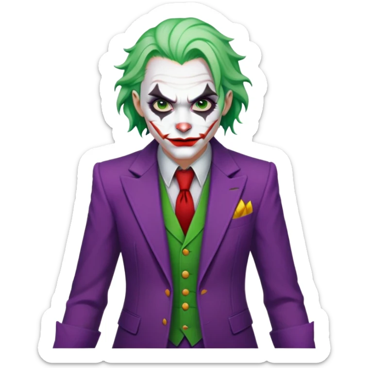 The Joker villain character full body with green hair, purple suit, white face, red lips sticker