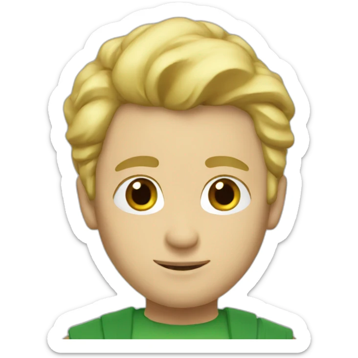 Man, blond hair, green tunic, sticker