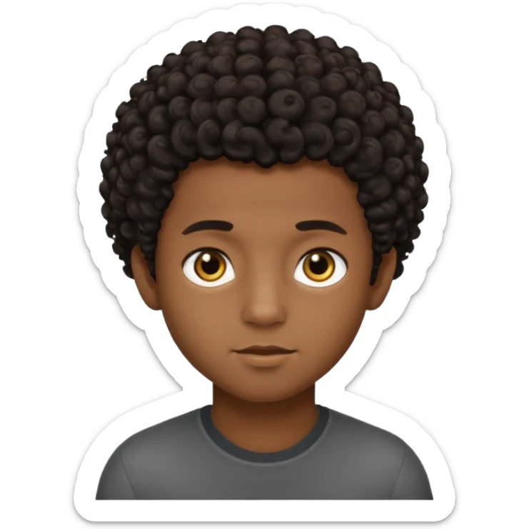 This avatar of black boy has tightly curly dark hair styled upward, a rounded face with golden-brown eyes, and a neutral expression sticker