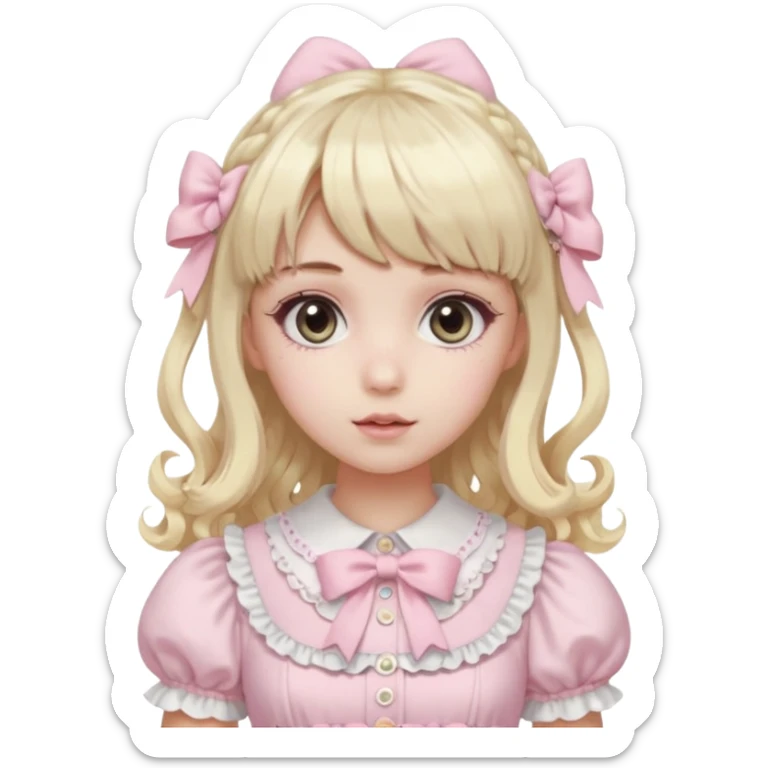 pale girl , who has curly medium length blonde and baby pink swirled hair with bangs , grey eyes , and doll like makeup , in a light pink lolita hime gyaru dress emoji | AI Emoji Generator black hair sticker